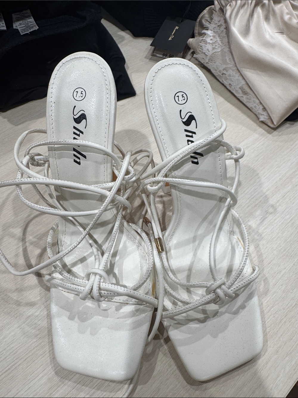 SHEIN White Lace-Up Square Toe Strappy Heels